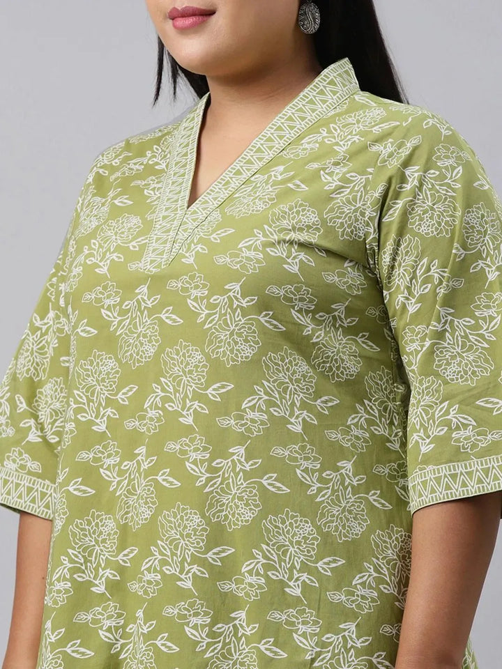 Plus Size Green Printed Cotton Kurta - Libas