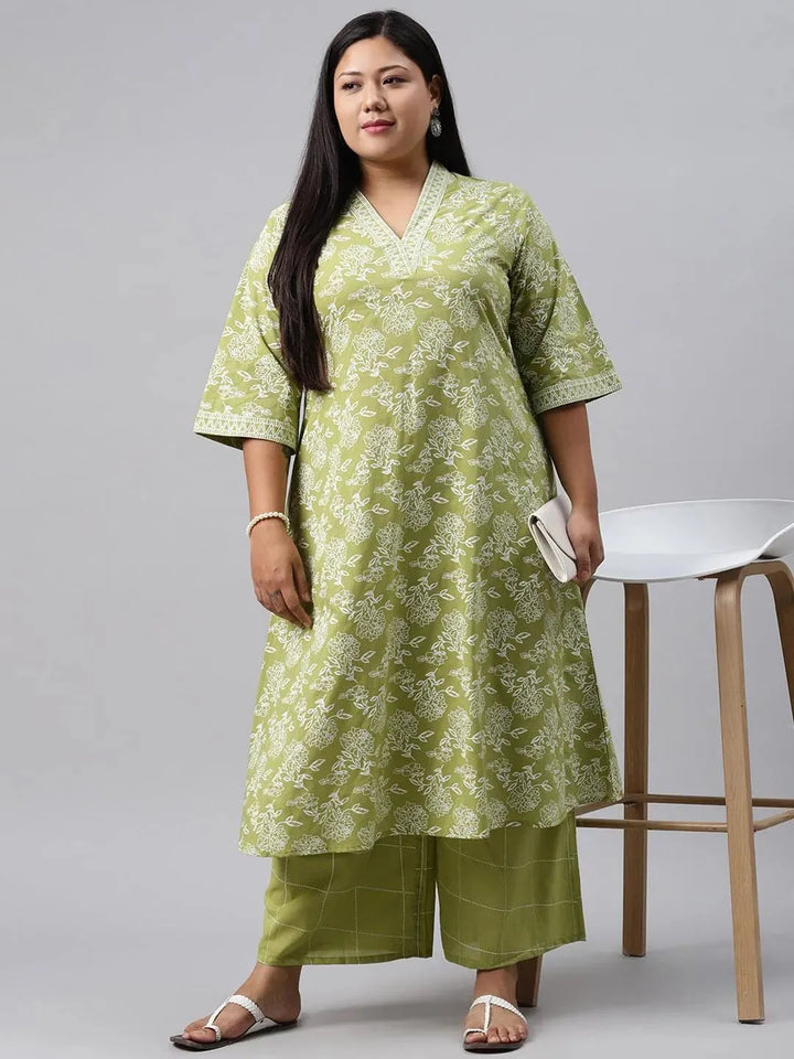 Plus Size Green Printed Cotton Kurta - Libas