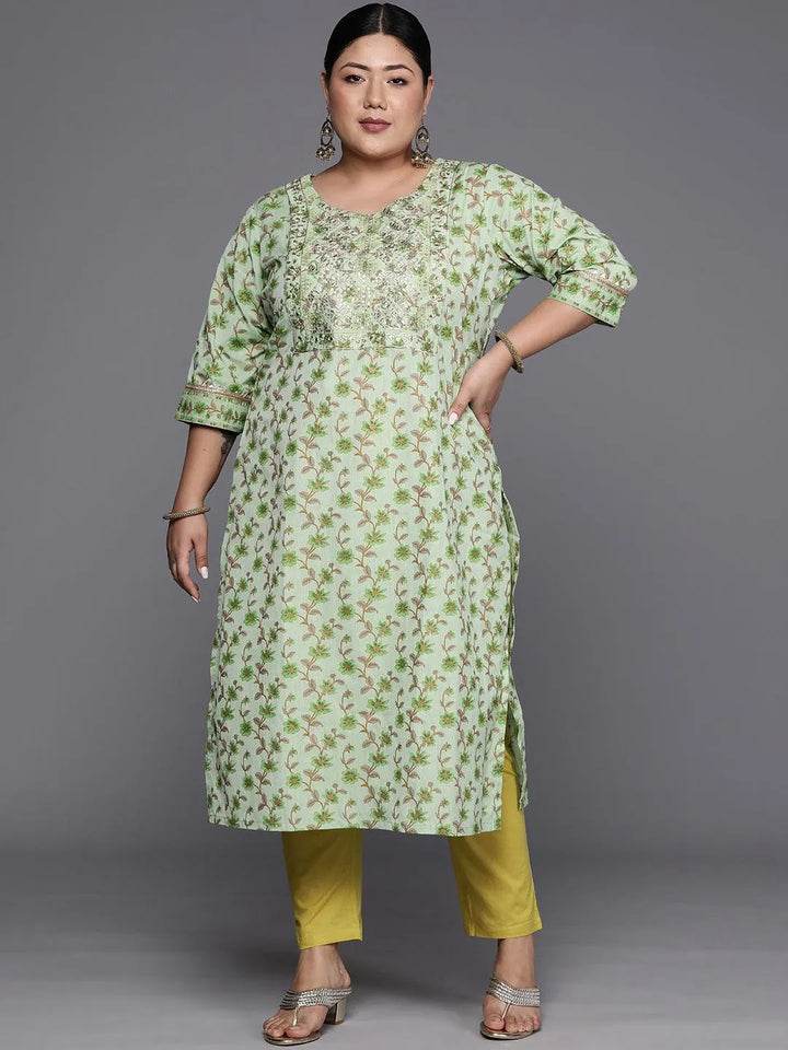 Plus Size Green Printed Cotton Silk Straight Kurta - Libas