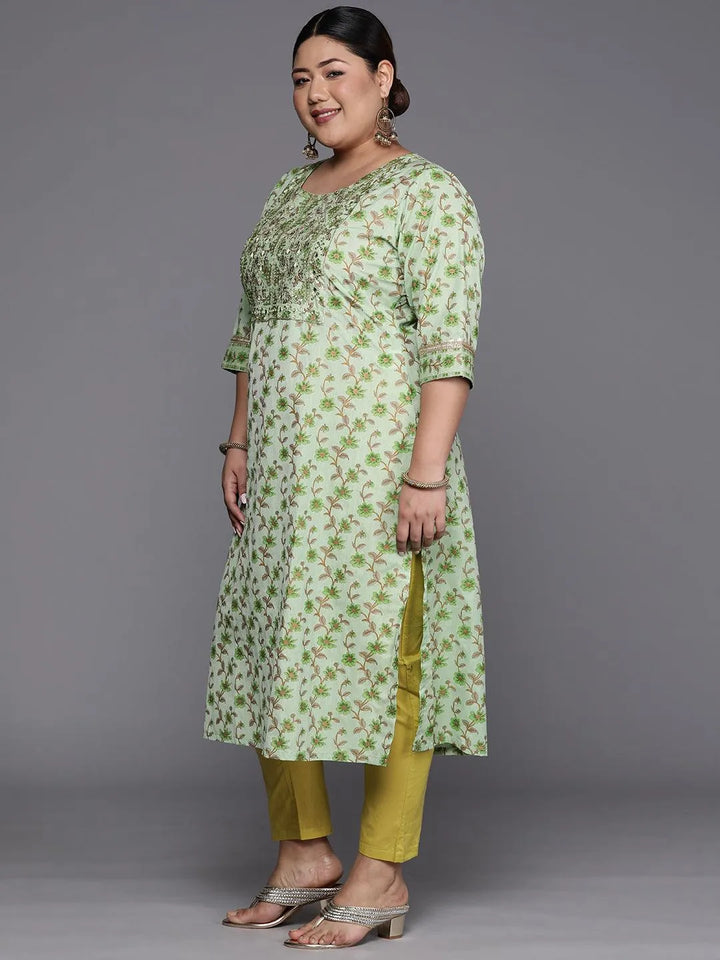 Plus Size Green Printed Cotton Silk Straight Kurta - Libas