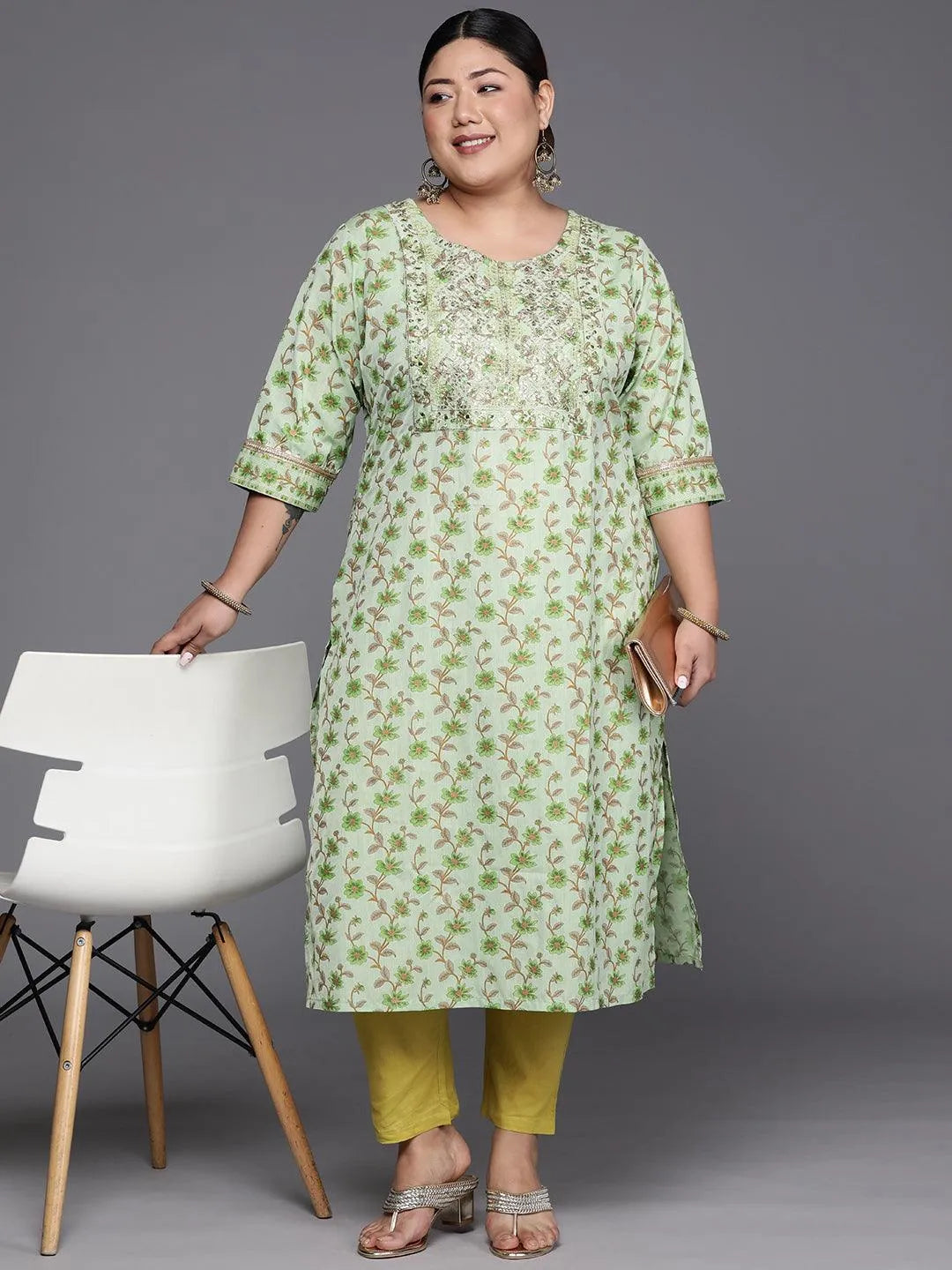 Plus Size Green Printed Cotton Silk Straight Kurta - Libas