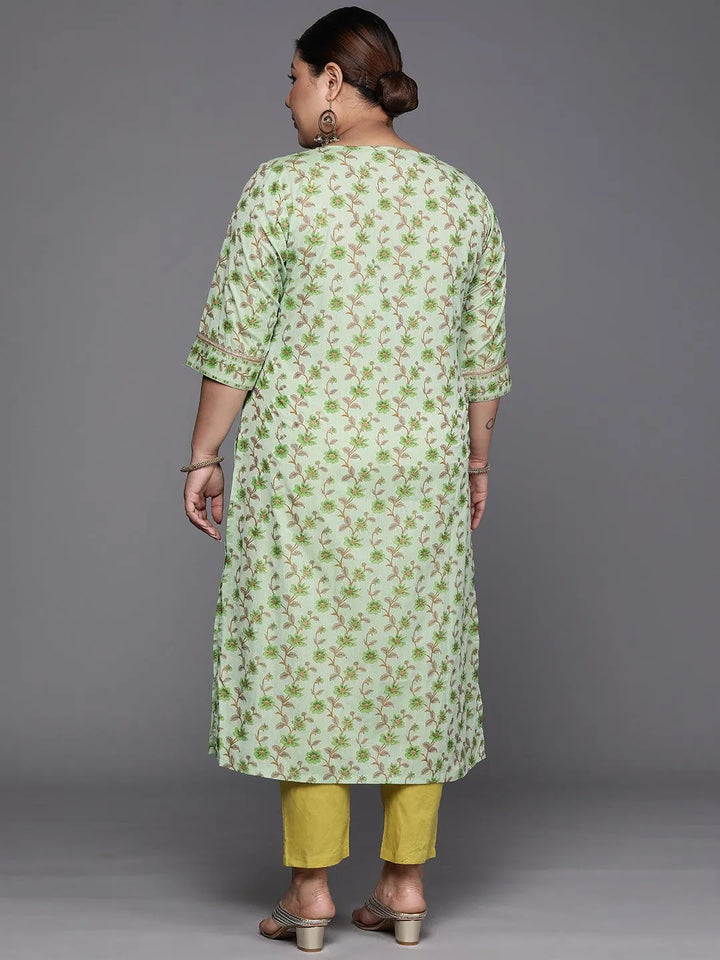 Plus Size Green Printed Cotton Silk Straight Kurta - Libas