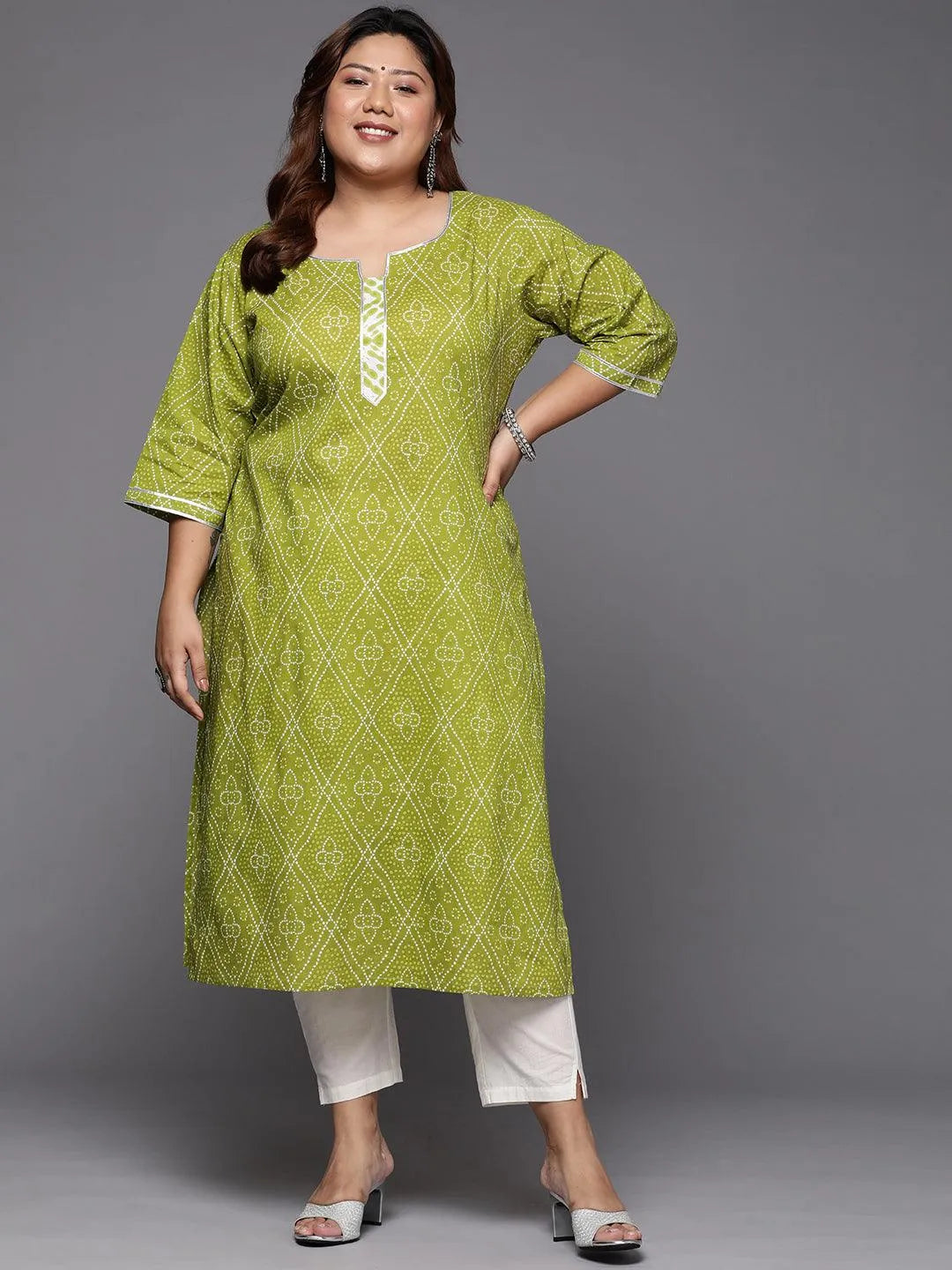 Plus Size Green Printed Cotton Straight Kurta - Libas