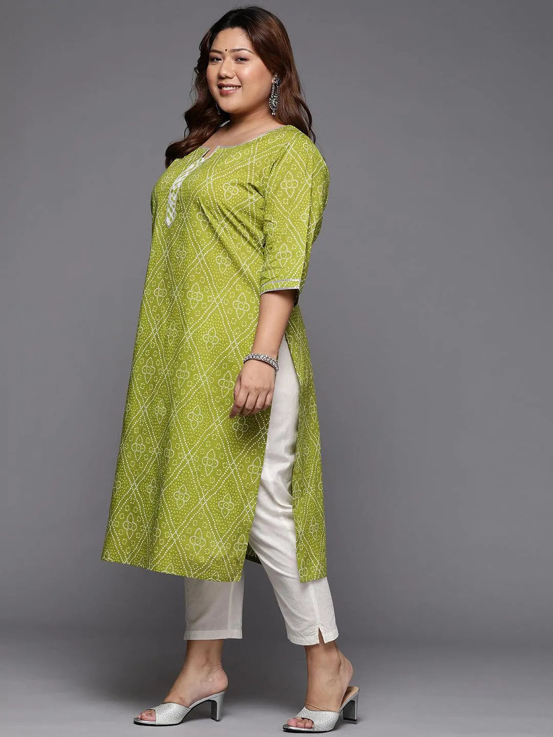 Plus Size Green Printed Cotton Straight Kurta - Libas