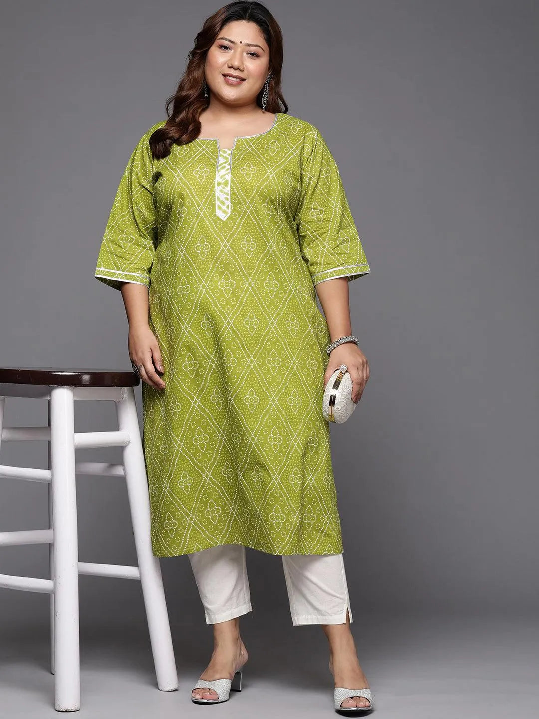 Plus Size Green Printed Cotton Straight Kurta - Libas