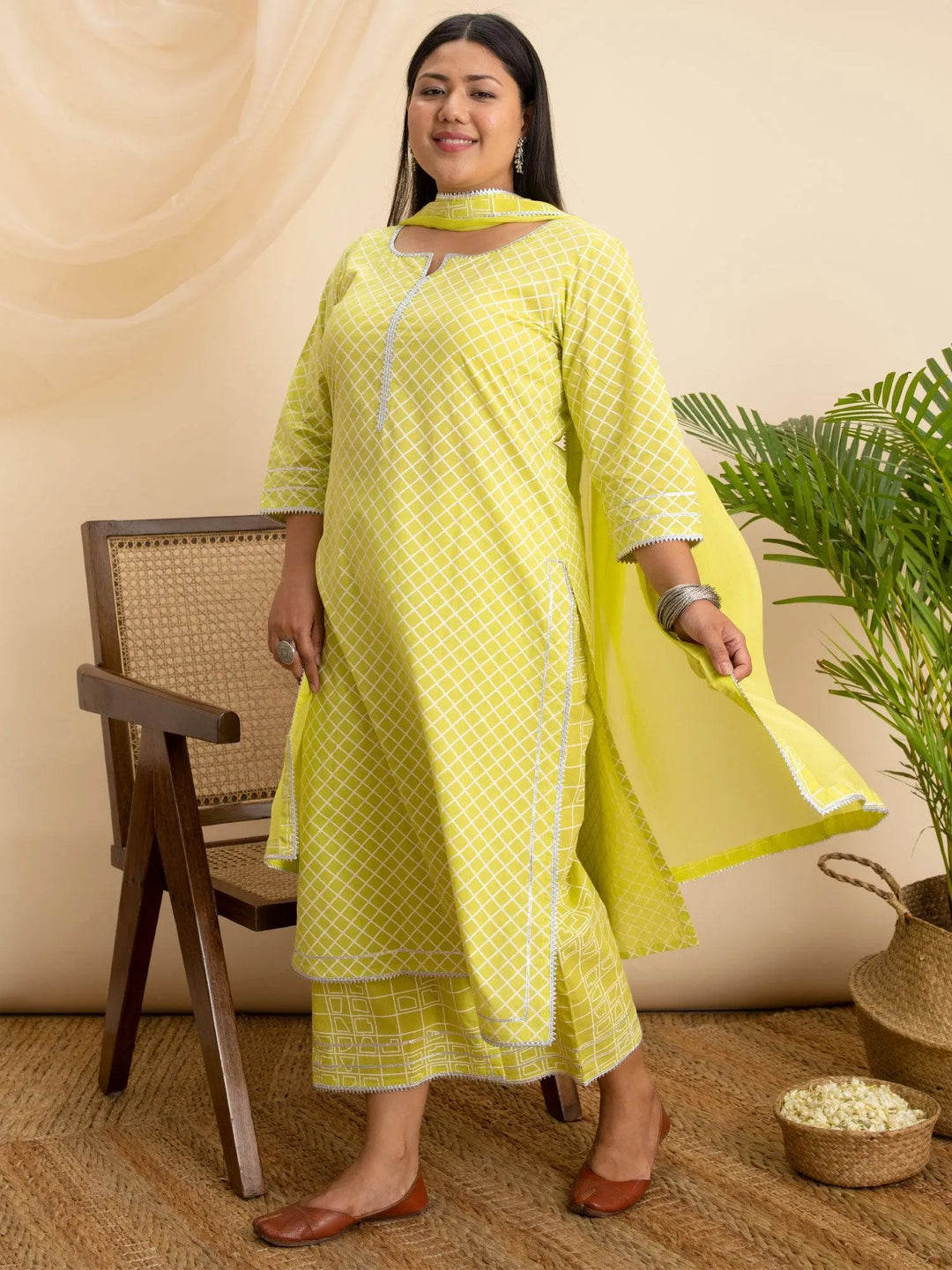 Plus Size Green Printed Cotton Suit Set - Libas 