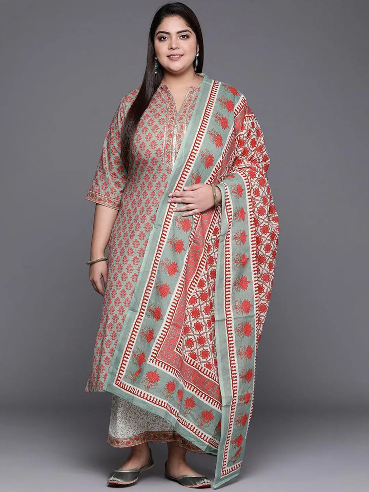 Plus Size Green Printed Cotton Suit Set - Libas