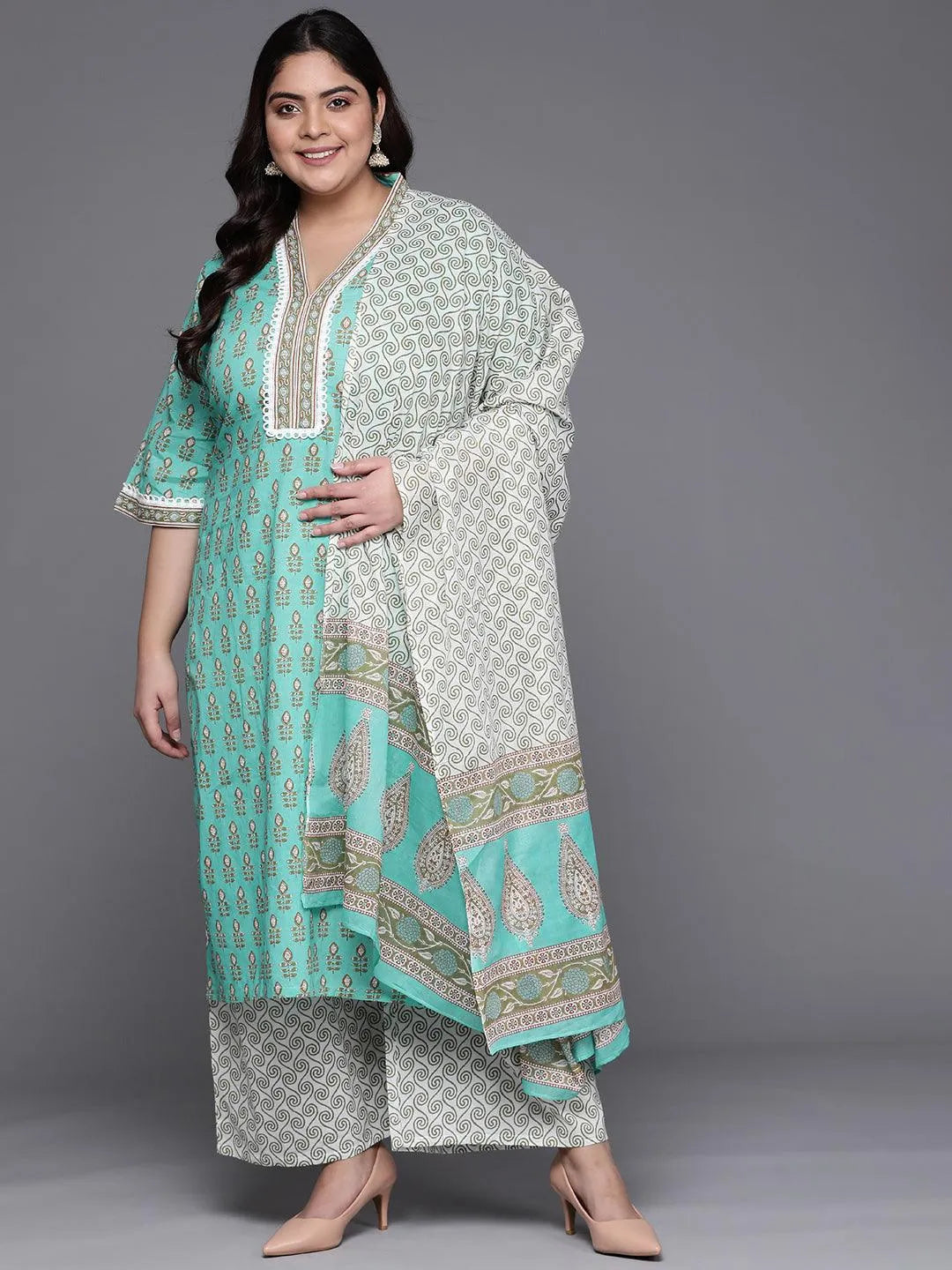 Plus Size Sea Green Printed Cotton Suit Set - Libas 