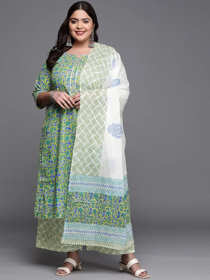 Plus Size Green Printed Cotton Suit Set - Libas