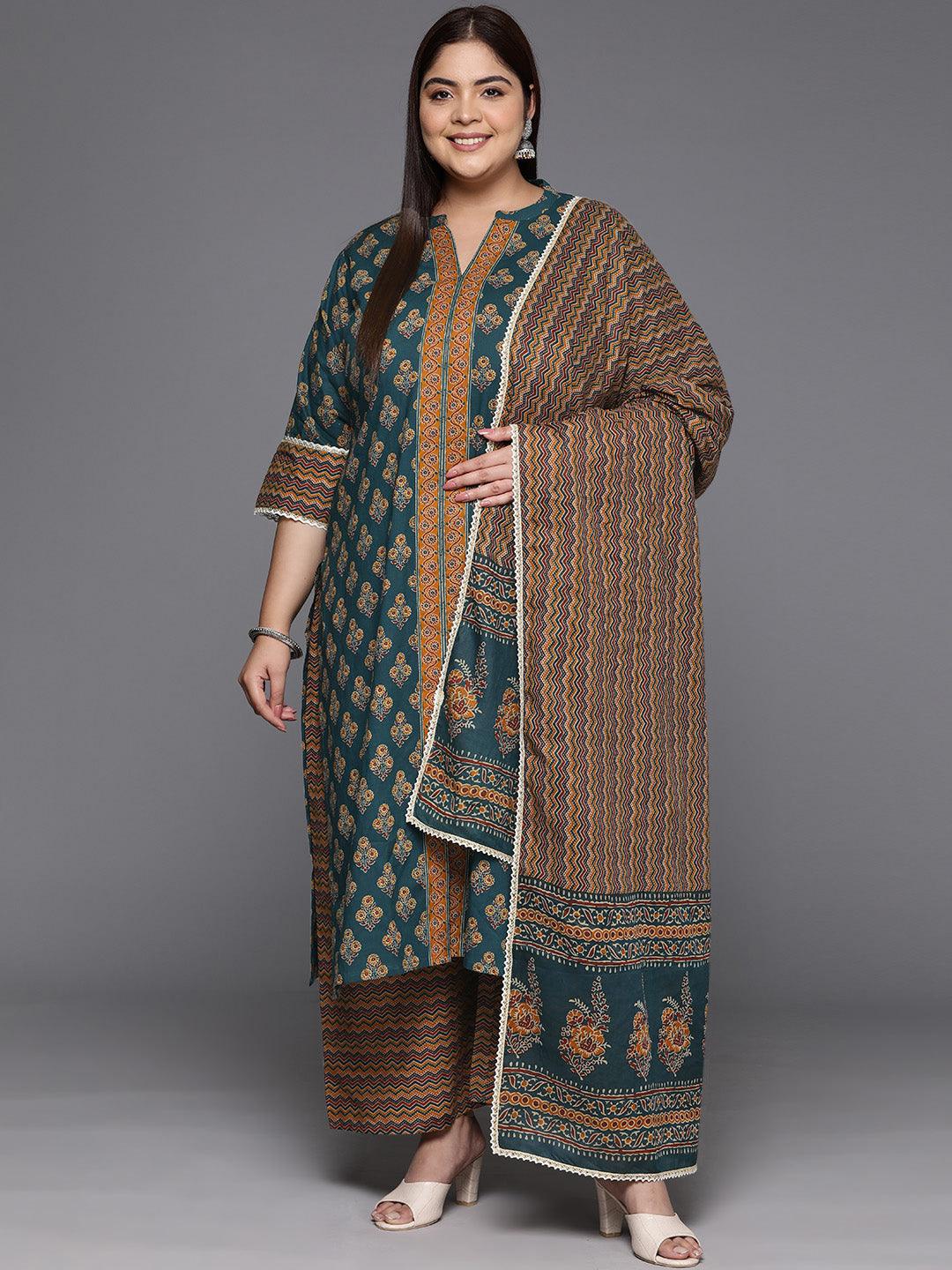 Plus Size Green Printed Cotton Straight Kurta With Palazzos & Dupatta - Libas