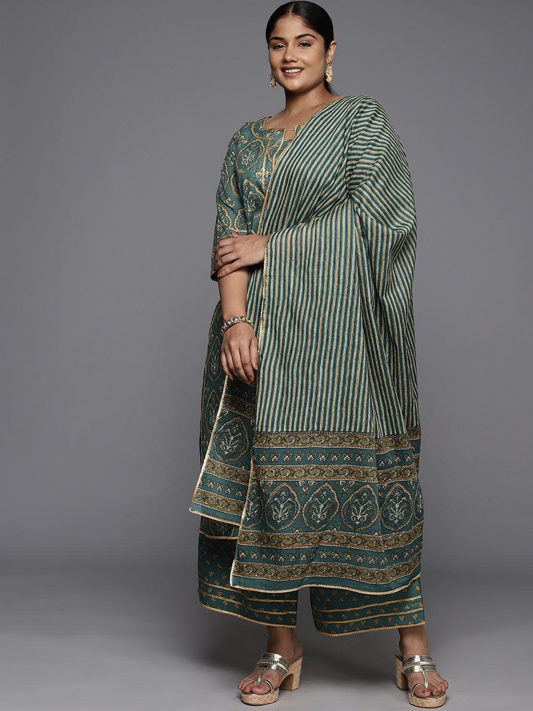 Plus Size Green Printed Cotton Straight Kurta With Palazzos & Dupatta - Libas