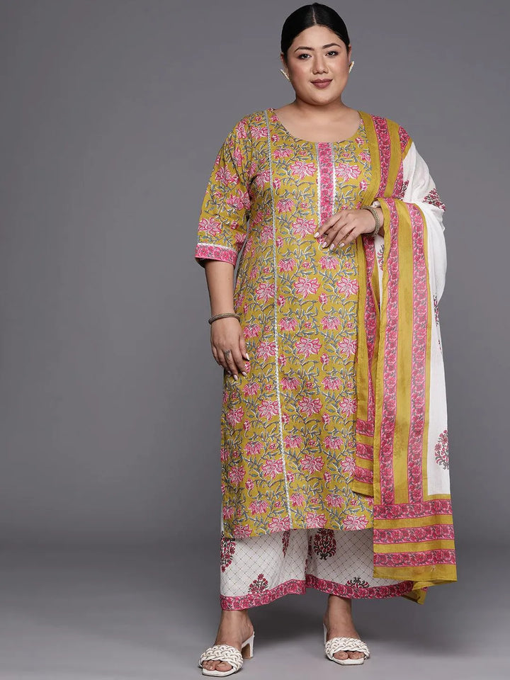 Plus Size Green Printed Cotton Straight Suit Set - Libas