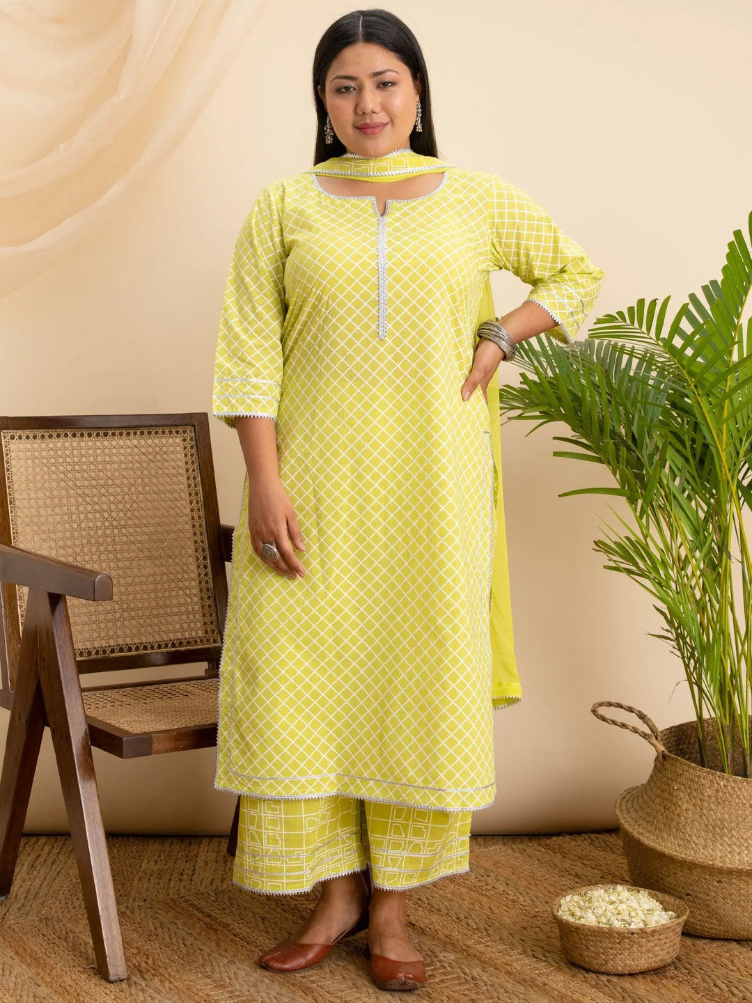 Plus Size Green Printed Cotton Suit Set - Libas