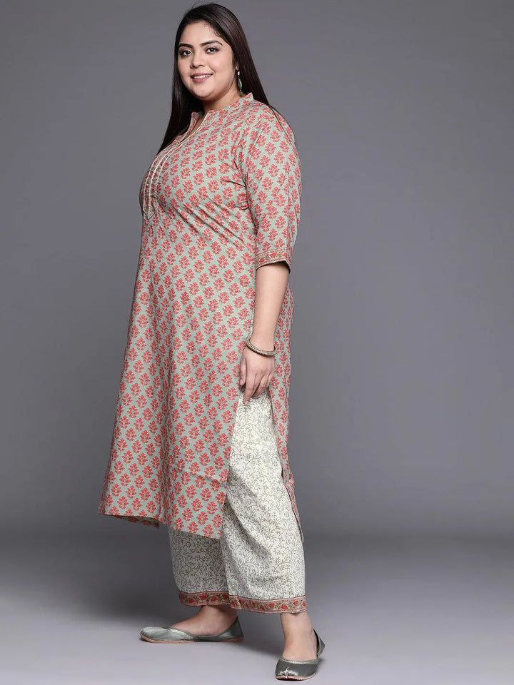 Plus Size Green Printed Cotton Suit Set - Libas