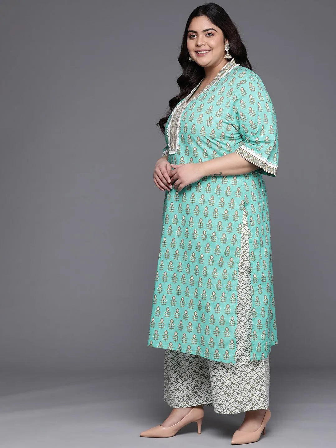 Plus Size Sea Green Printed Cotton Suit Set - Libas 