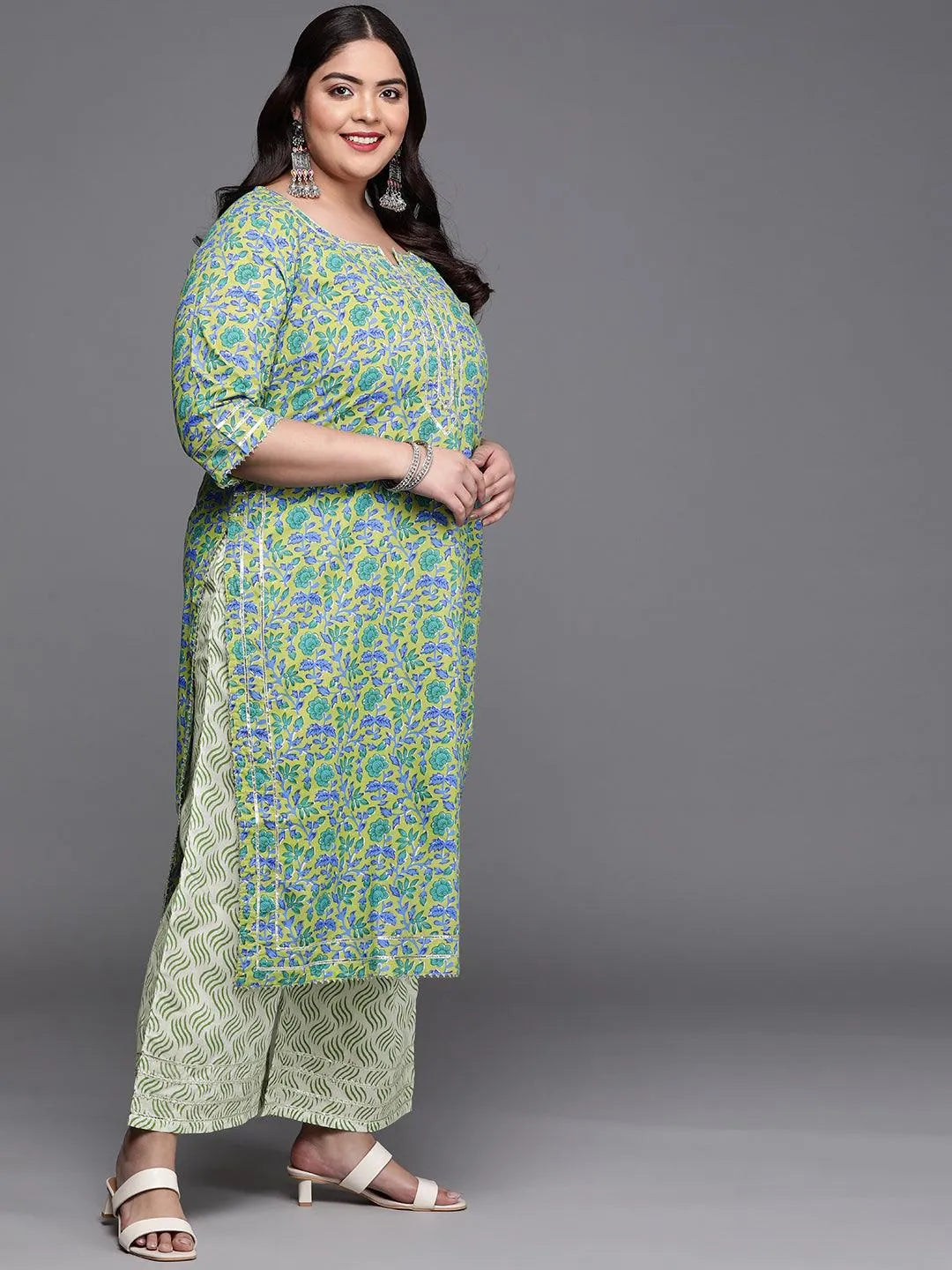 Plus Size Green Printed Cotton Suit Set - Libas