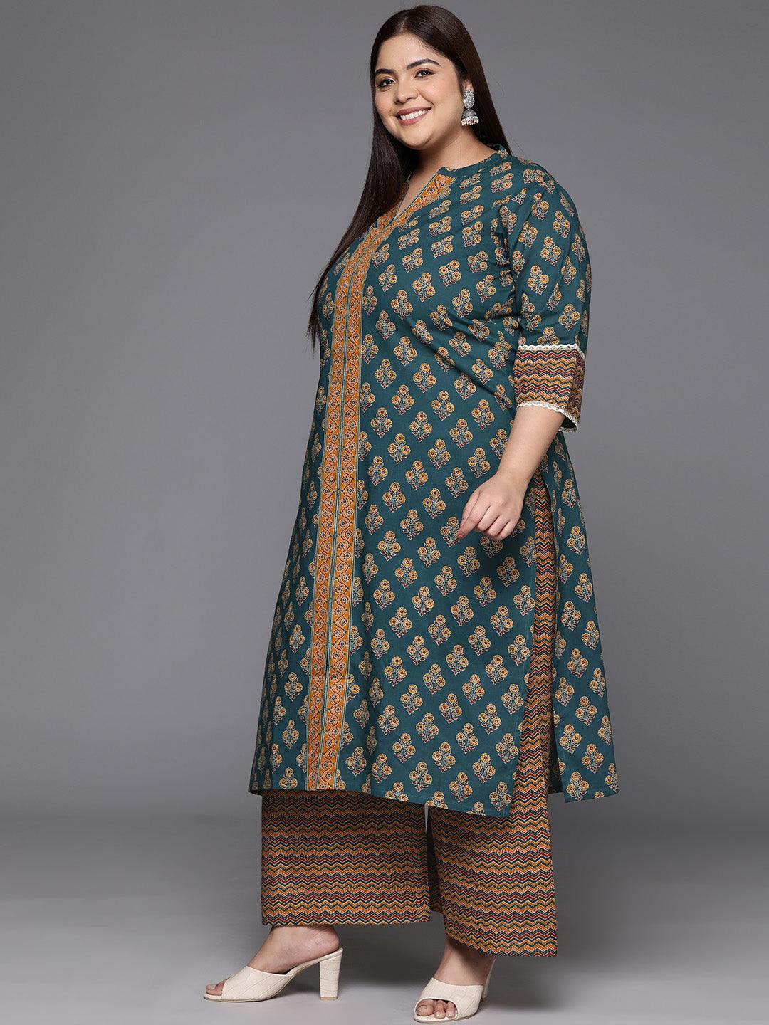 Plus Size Green Printed Cotton Straight Kurta With Palazzos & Dupatta - Libas