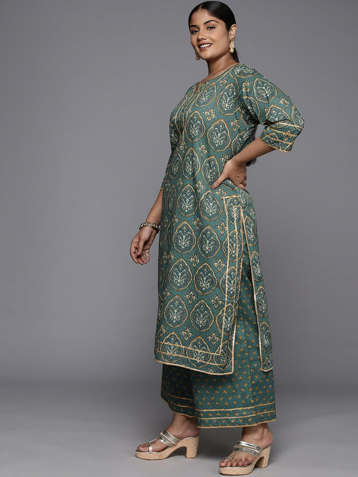 Plus Size Green Printed Cotton Straight Kurta With Palazzos & Dupatta - Libas