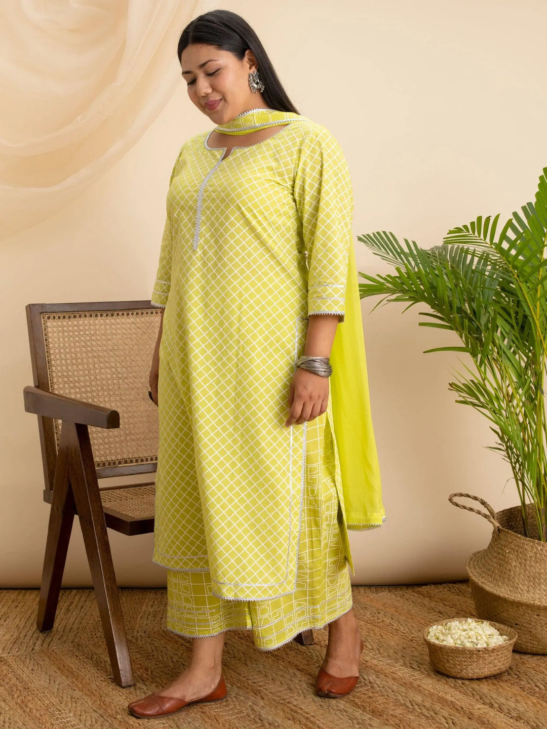 Plus Size Green Printed Cotton Suit Set - Libas 