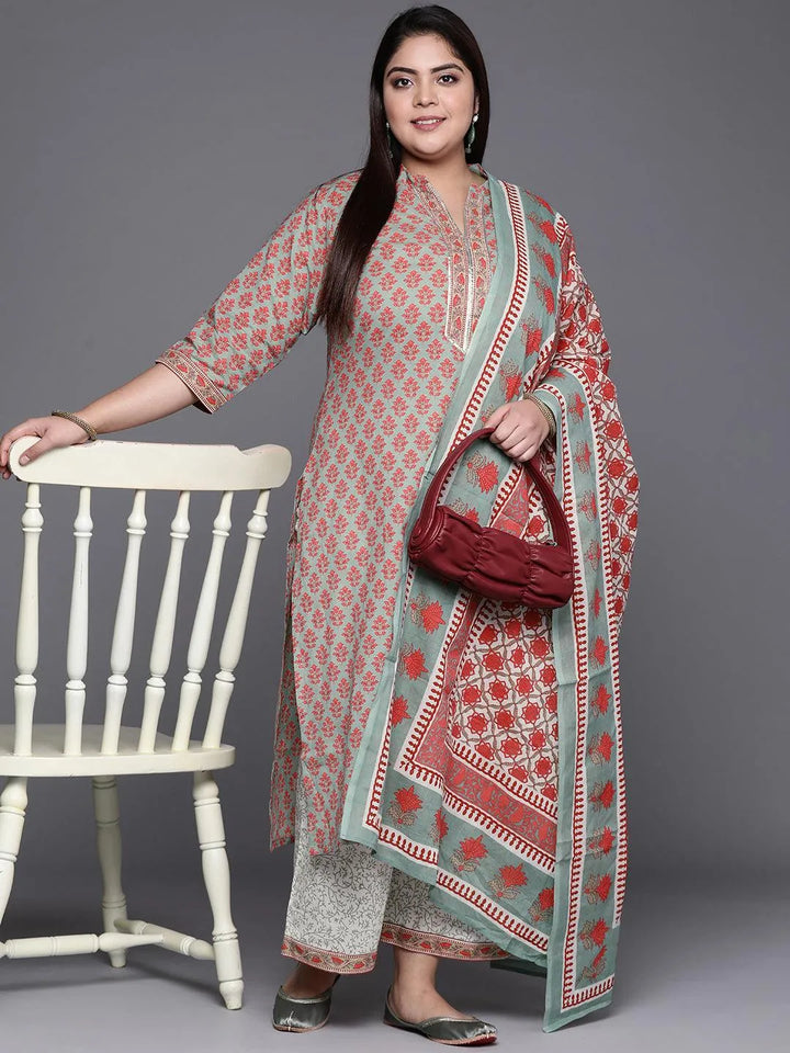 Plus Size Green Printed Cotton Suit Set - Libas