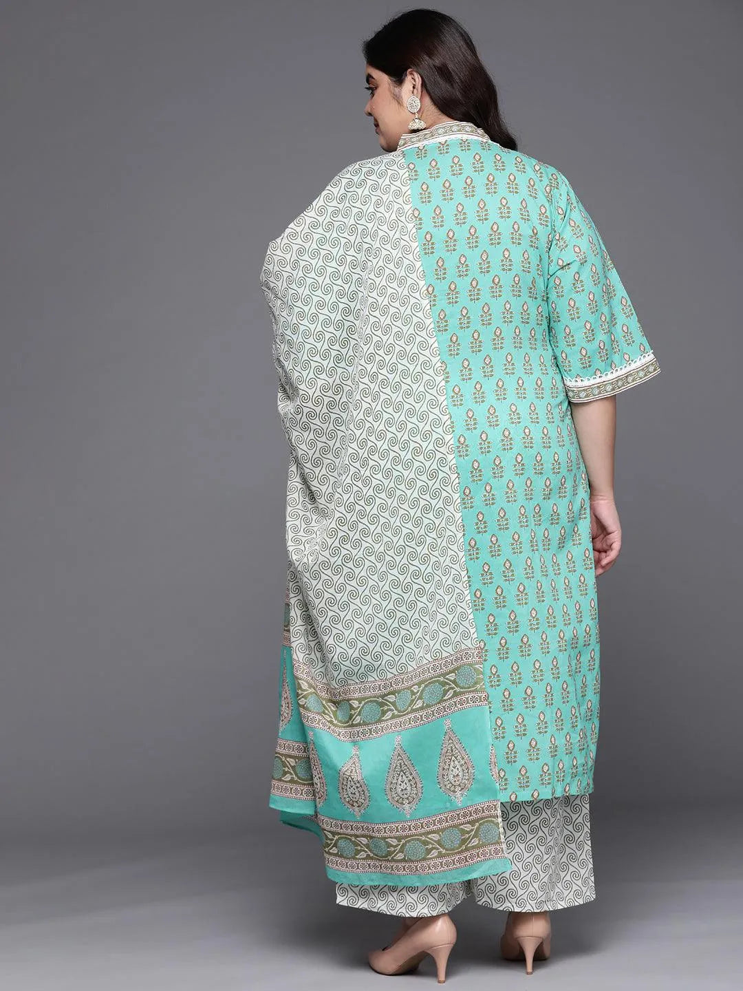 Plus Size Sea Green Printed Cotton Suit Set - Libas 