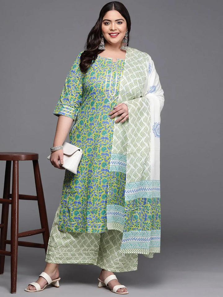 Plus Size Green Printed Cotton Suit Set - Libas