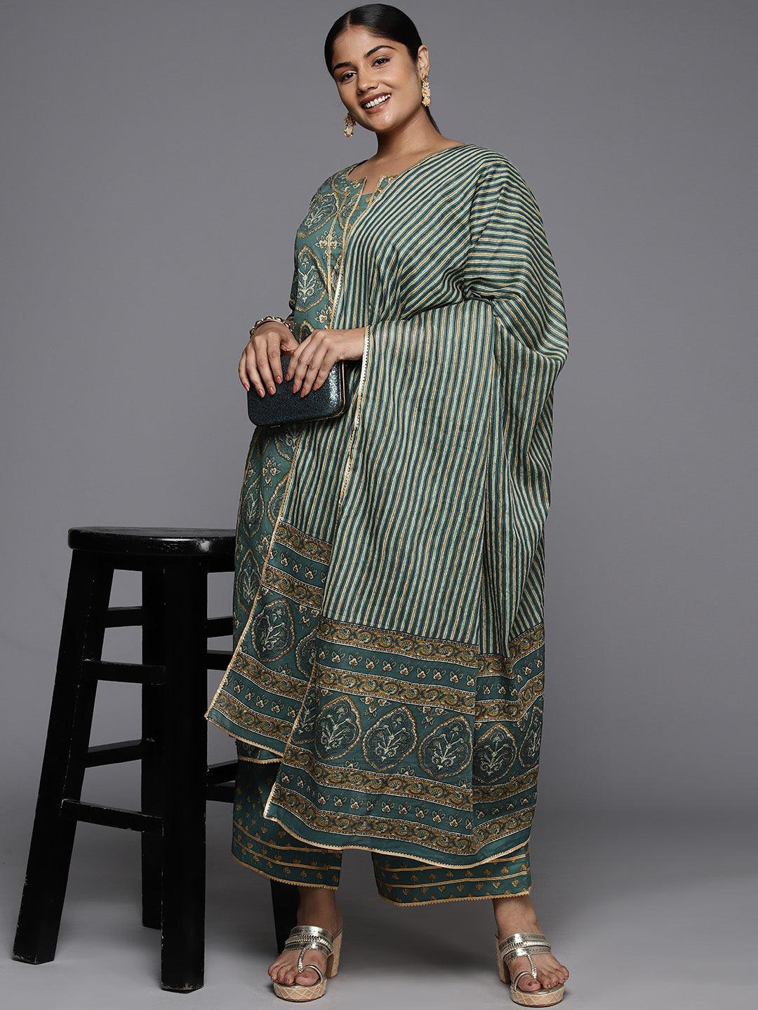 Plus Size Green Printed Cotton Straight Kurta With Palazzos & Dupatta - Libas