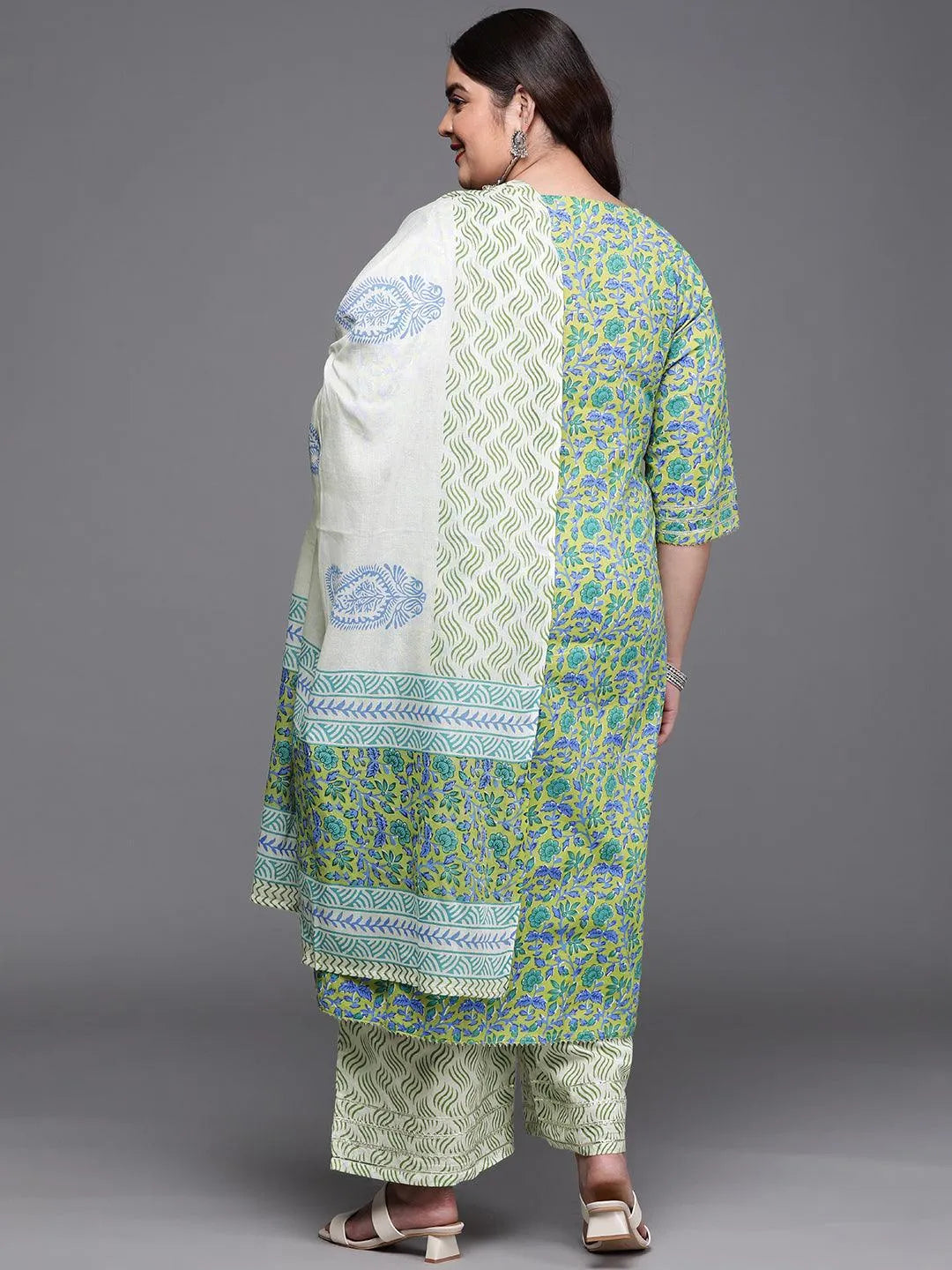 Plus Size Green Printed Cotton Suit Set - Libas