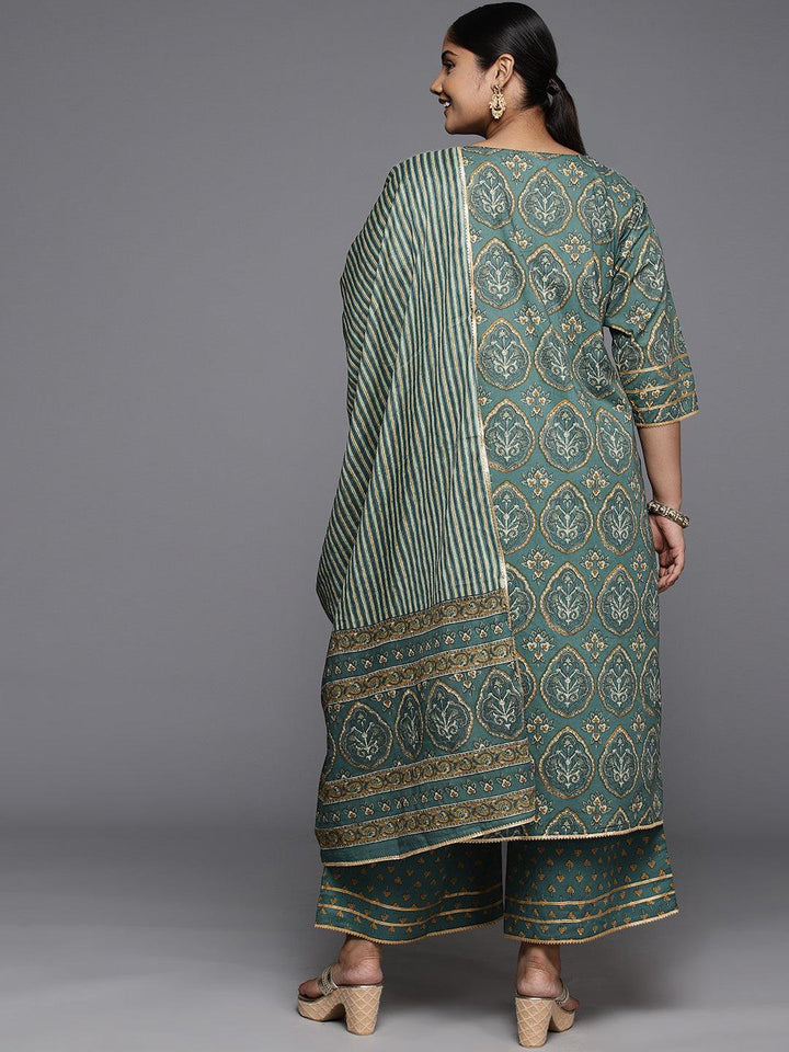 Plus Size Green Printed Cotton Straight Kurta With Palazzos & Dupatta - Libas