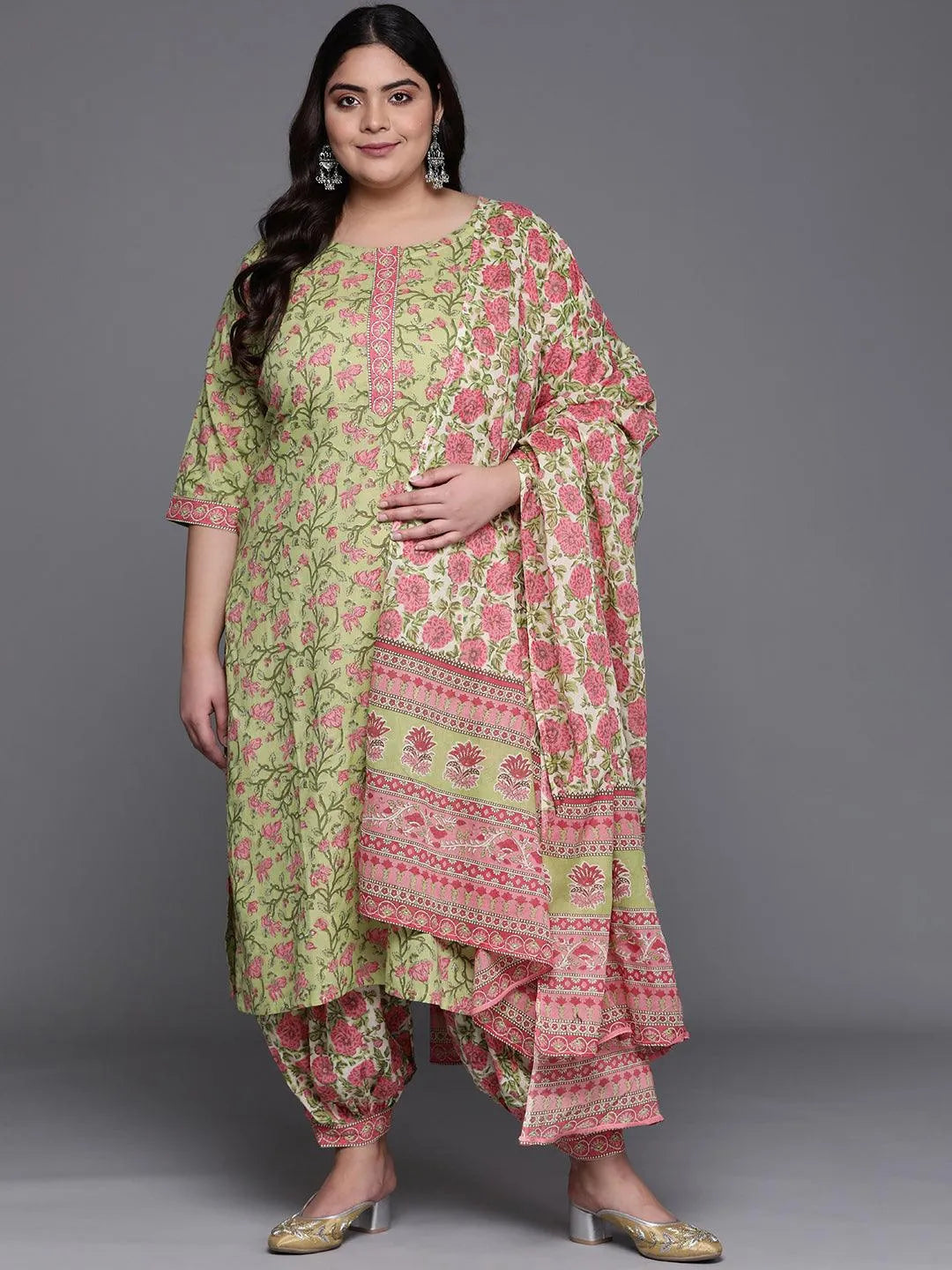 Plus Size Green Printed Cotton Suit Set - Libas 