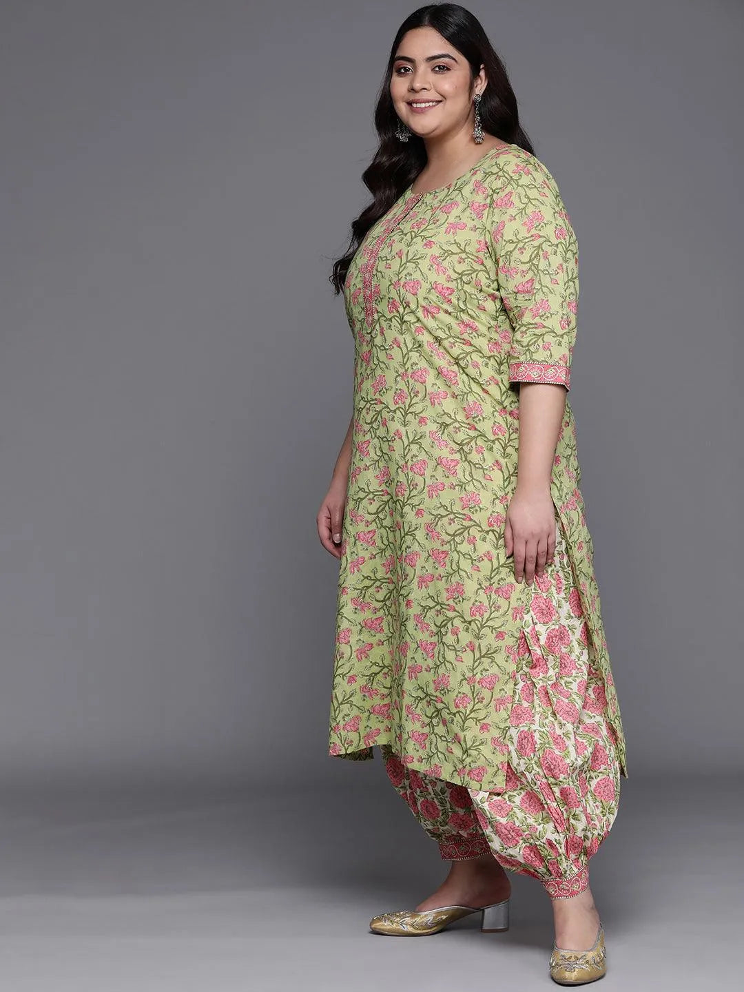 Plus Size Green Printed Cotton Suit Set - Libas 