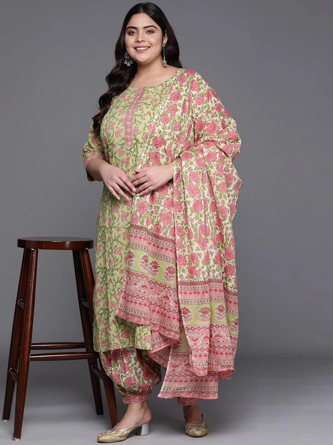 Plus Size Green Printed Cotton Suit Set - Libas 