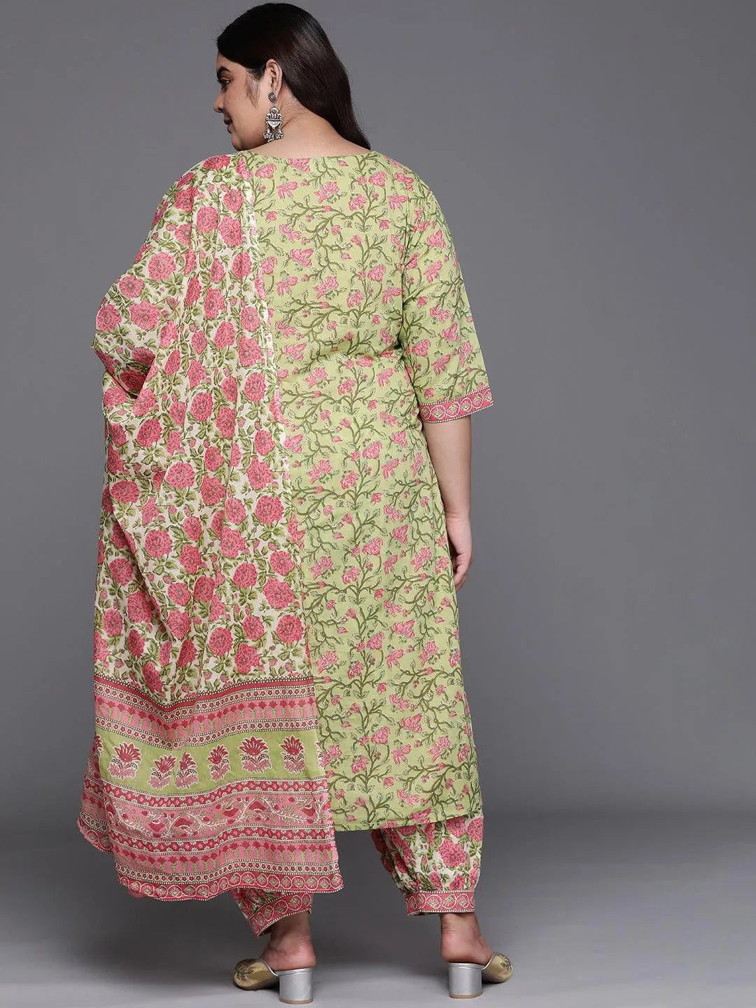 Plus Size Green Printed Cotton Suit Set - Libas