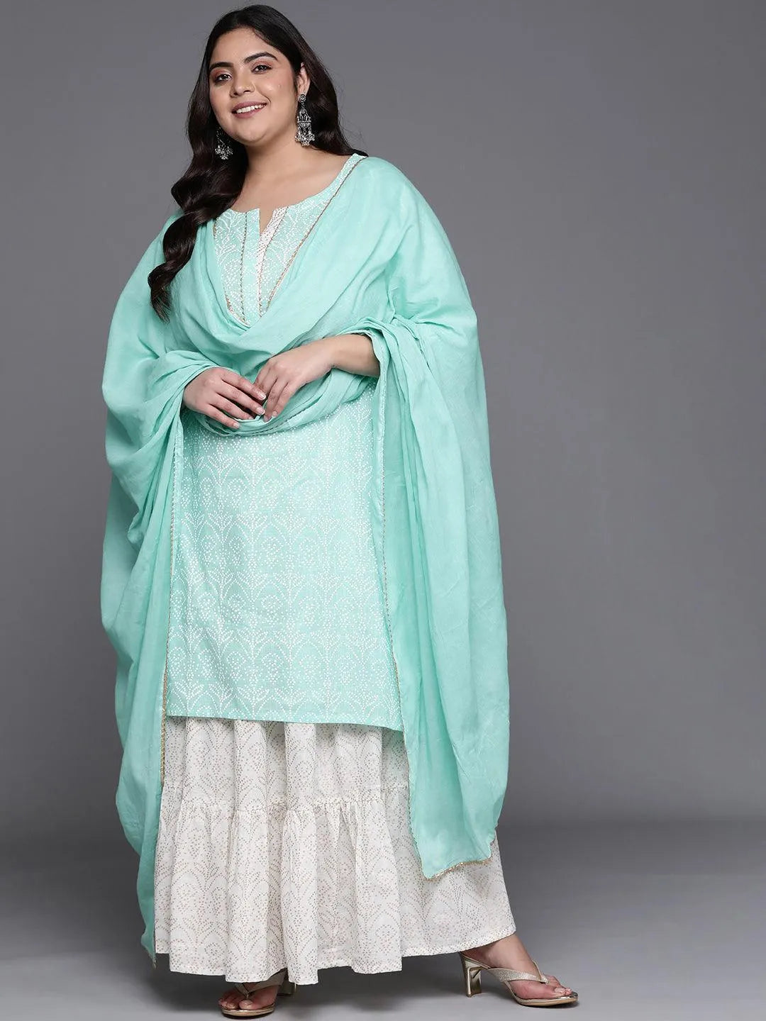 Plus Size Sea Green Printed Cotton Suit Set - Libas 