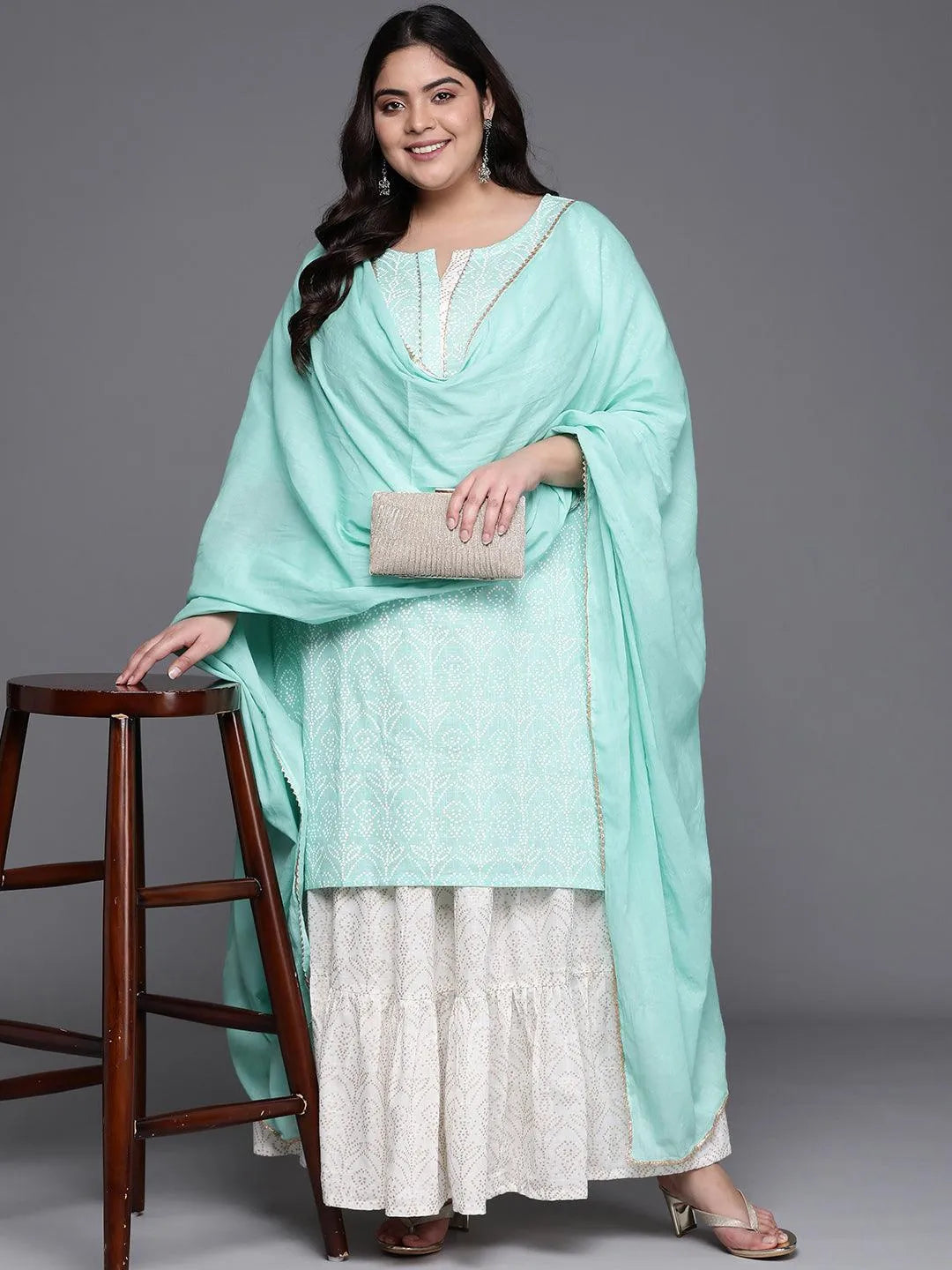 Plus Size Sea Green Printed Cotton Suit Set - Libas 