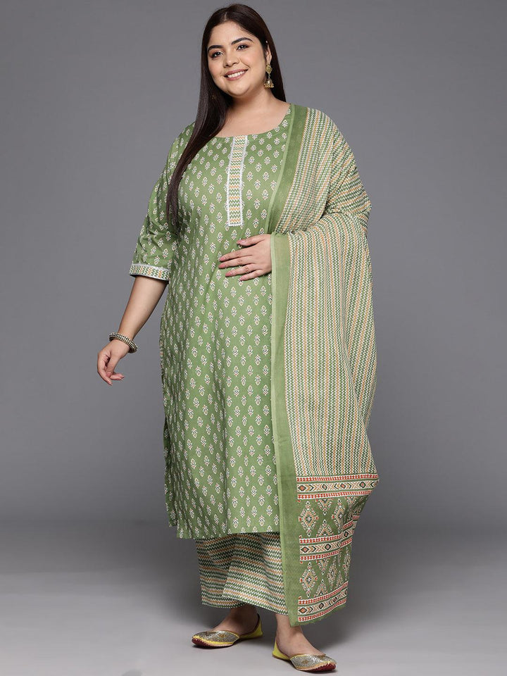 Plus Size Green Printed Cotton Straight Kurta With Trousers & Dupatta - Libas