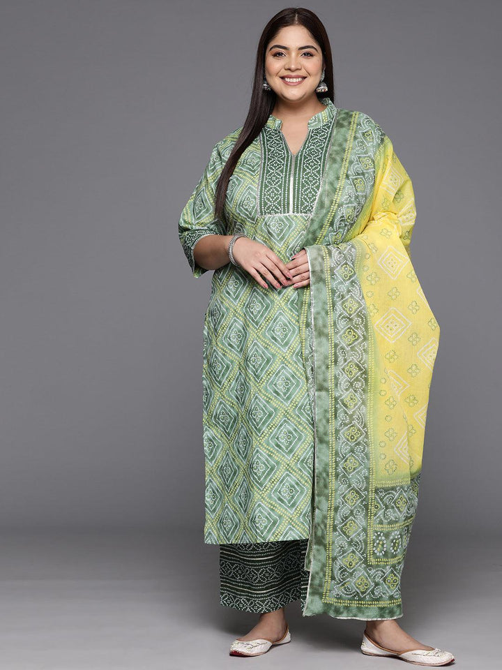 Plus Size Green Printed Cotton Straight Kurta With Trousers & Dupatta - Libas