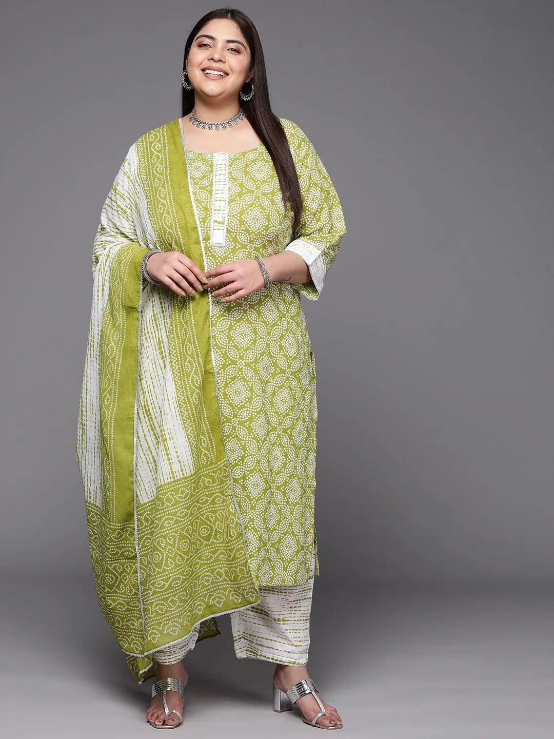 Plus Size Green Printed Cotton Suit Set With Trousers - Libas 