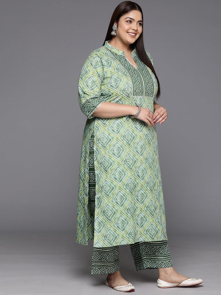 Plus Size Green Printed Cotton Straight Kurta With Trousers & Dupatta - Libas