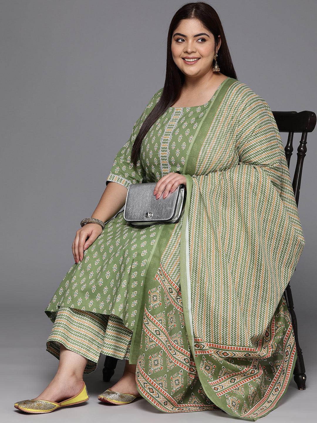 Plus Size Green Printed Cotton Straight Kurta With Trousers & Dupatta - Libas