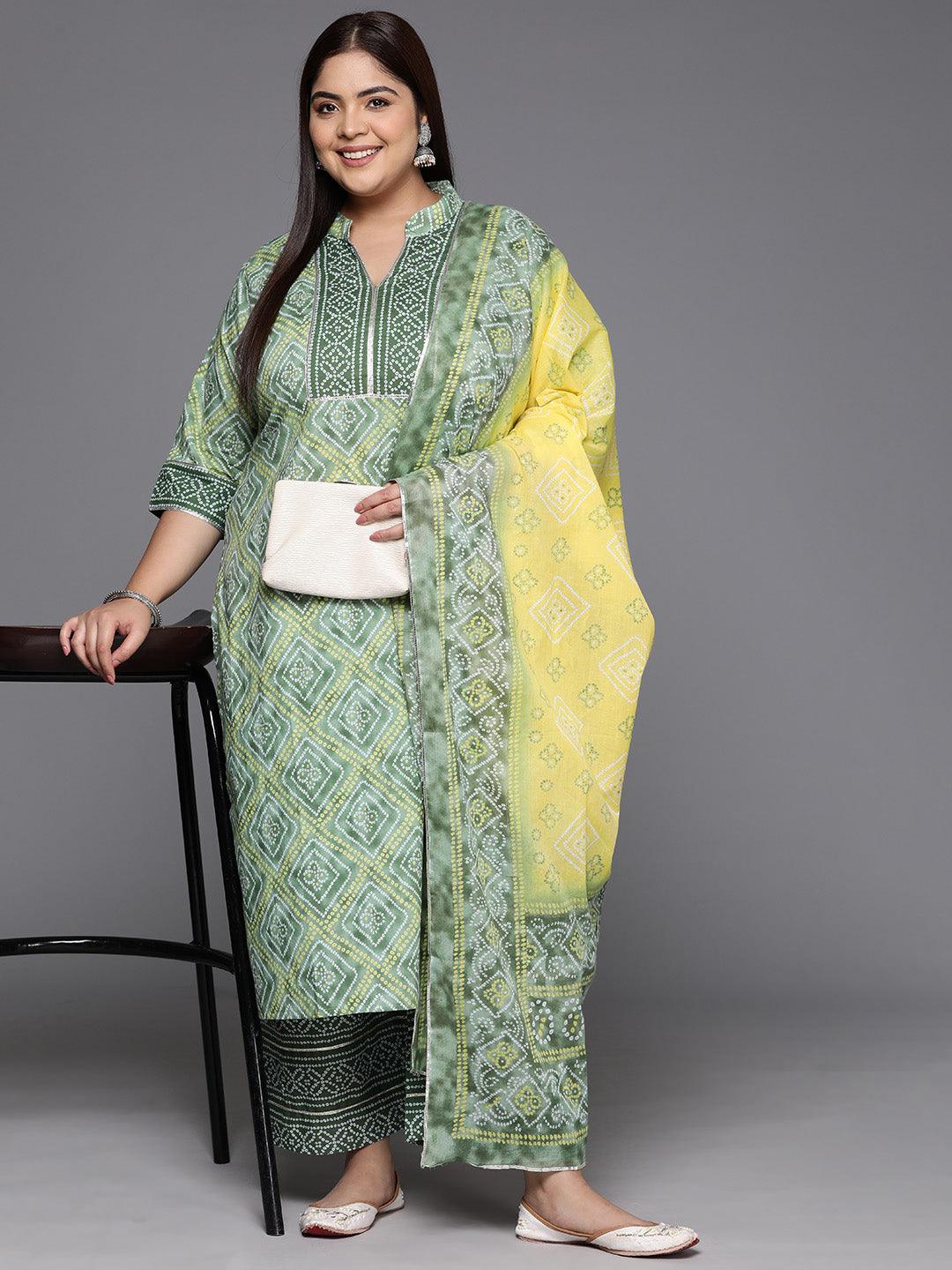 Plus Size Green Printed Cotton Straight Kurta With Trousers & Dupatta - Libas