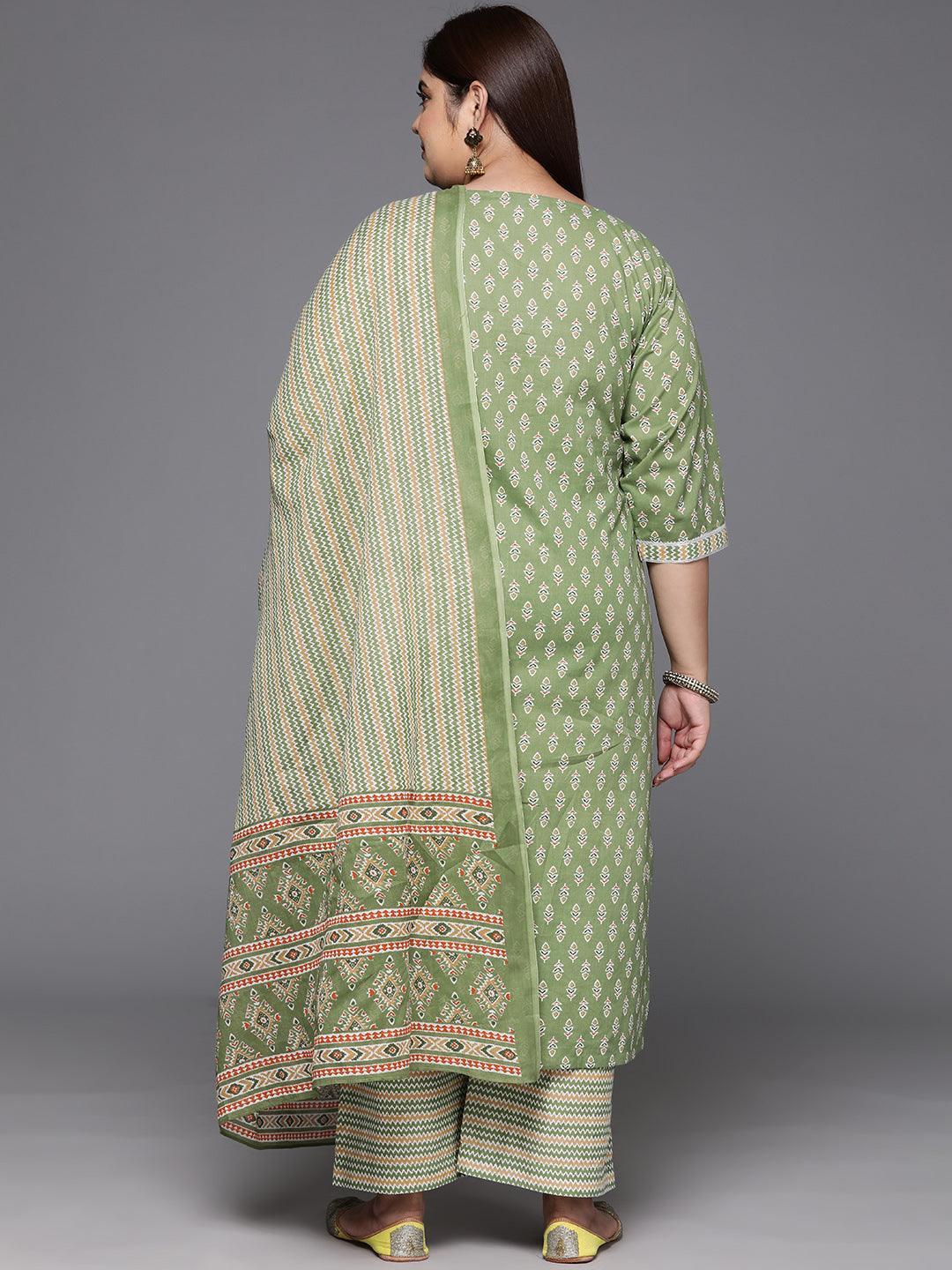 Plus Size Green Printed Cotton Straight Kurta With Trousers & Dupatta - Libas