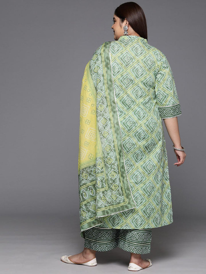 Plus Size Green Printed Cotton Straight Kurta With Trousers & Dupatta - Libas