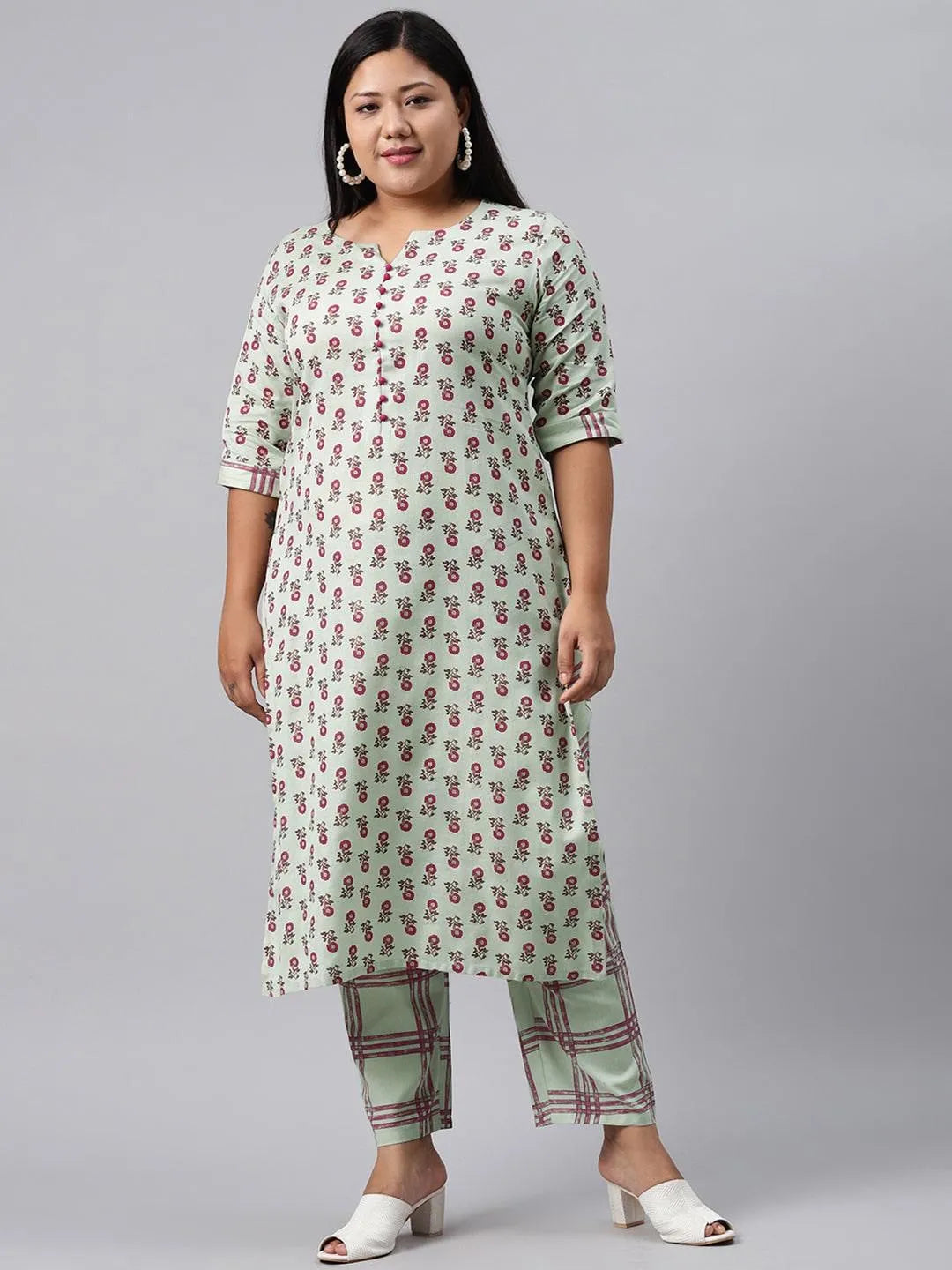 Plus Size Green Printed Cotton Kurta Set - Libas 