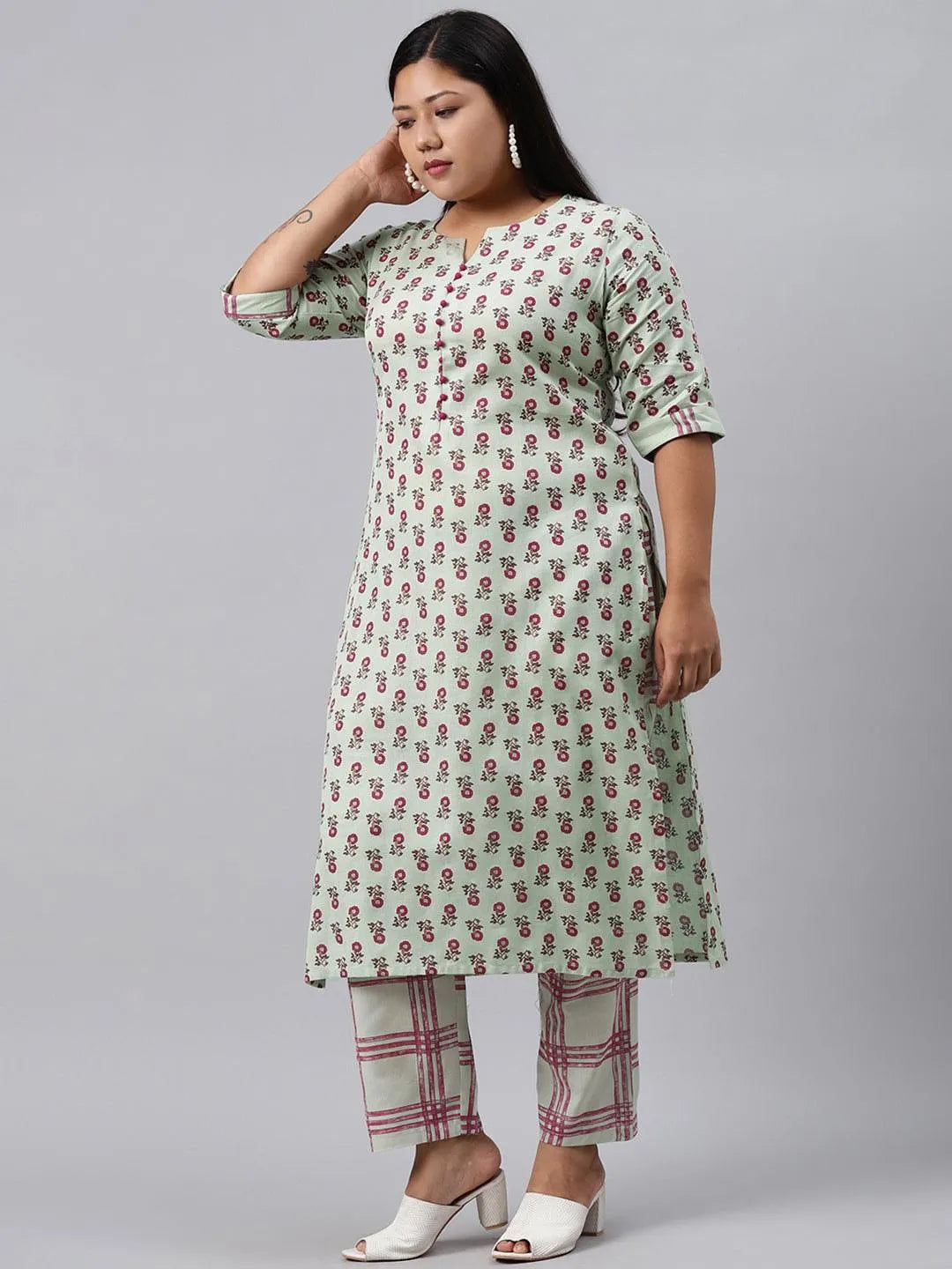 Plus Size Green Printed Cotton Kurta Set - Libas 