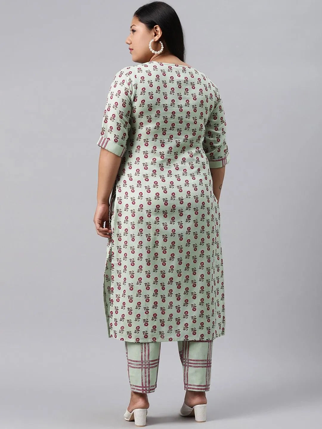 Plus Size Green Printed Cotton Kurta Set - Libas 