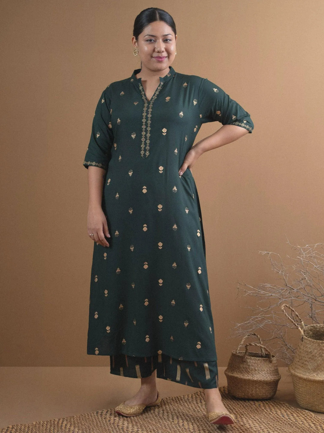 Plus Size Green Printed Rayon Kurta Set - Libas