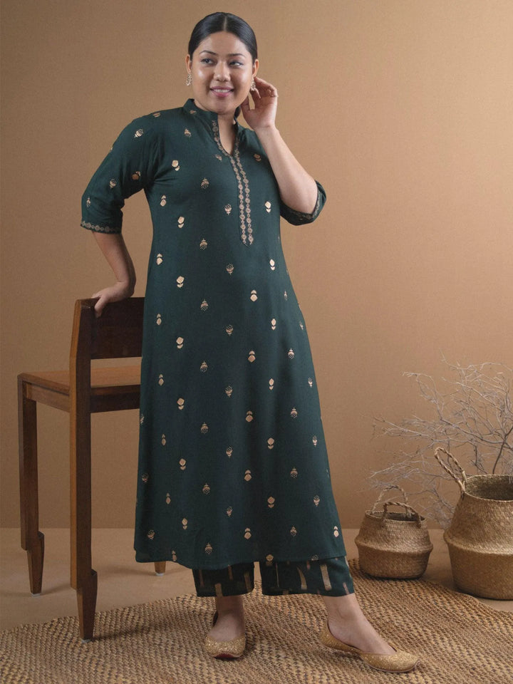 Plus Size Green Printed Rayon Kurta Set - Libas