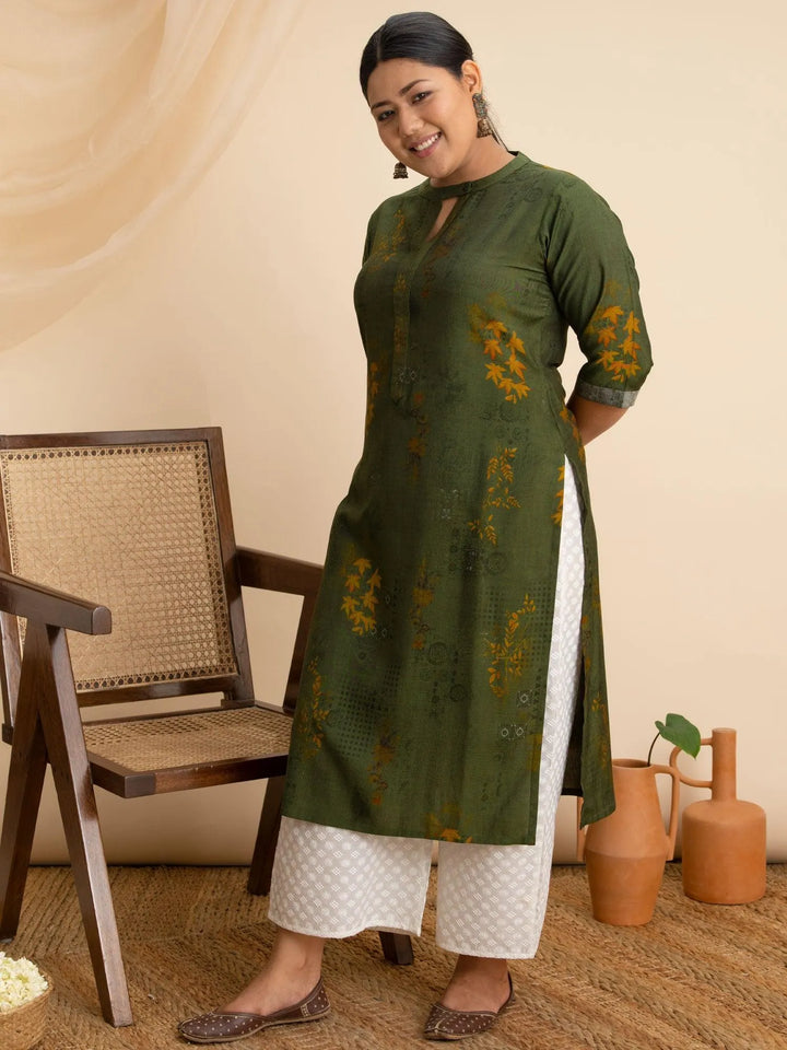 Plus Size Green Printed Rayon Kurta - Libas