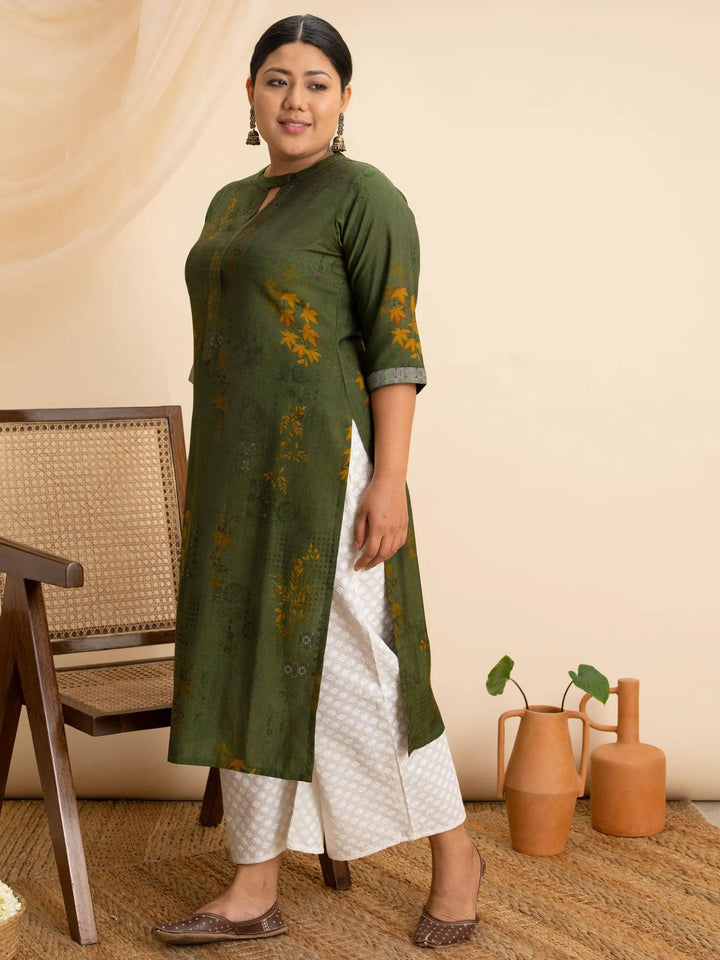 Plus Size Green Printed Rayon Kurta - Libas